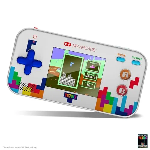 A Tetris game in progress showing stacked blocks on the handheld screen