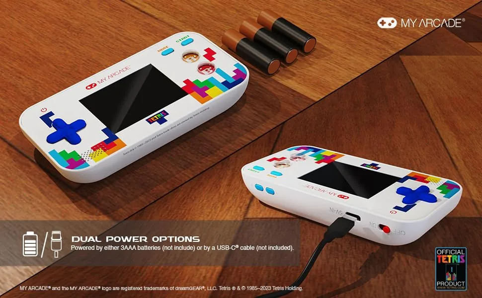 The Tetris Gamer V in use on a train with headphones connected