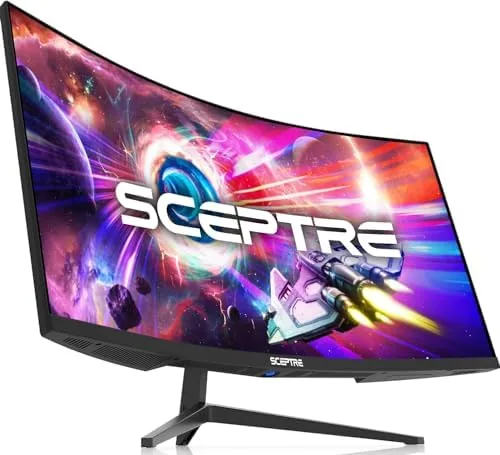 The Sceptre 34 inch curved ultrawide monitor on a desk showing the wide panel