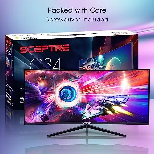 A racing game running on the Sceptre 34 curved ultrawide monitor