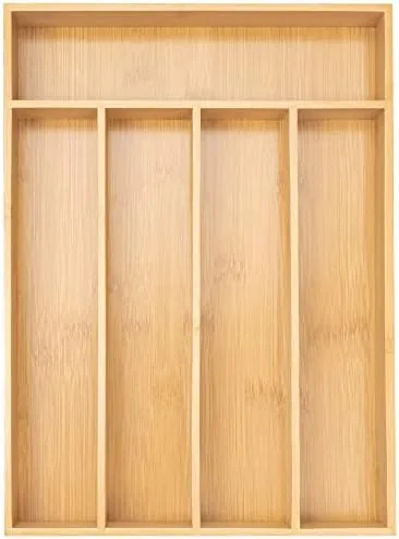 The Besilord bamboo silverware organizer shown with cutlery in its slots