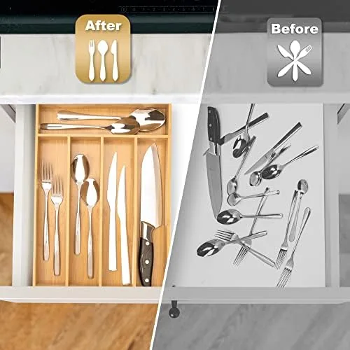 The bamboo organizer beside a plastic drawer organizer for comparison