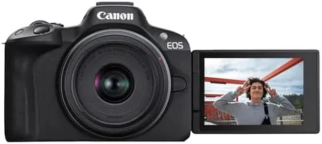 Vlogging setup with the EOS R50 flipped screen facing forward toward a subject