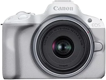 White Canon EOS R50 mirrorless camera with the RF-S18-45mm kit lens
