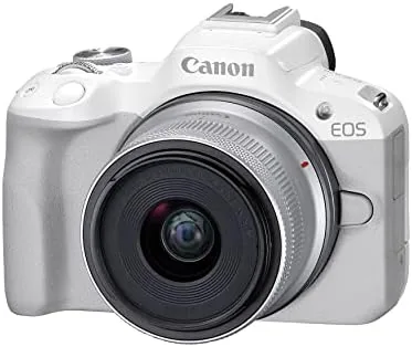 Side view of the white EOS R50 showing the ports and articulated screen