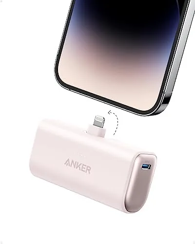 Pink Anker Nano portable charger with the integrated Lightning connector