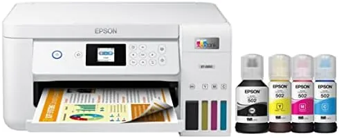 The white Epson EcoTank ET-2850 on a home office desk