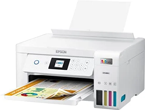 A test document printing from the ET-2850 on a desk