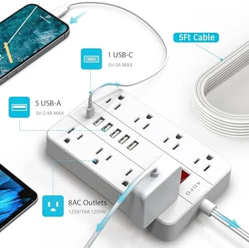 The Power Strip Surge Protector with 6 USB (1USB C)Ports,AOFO 10 compared in context