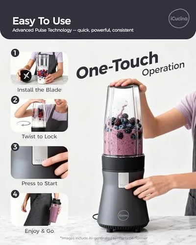 iCucina personal blender next to a budget blender and a full size blender
