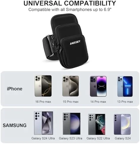 A phone inserted into the main sleeve of the armband with the key pocket zipped