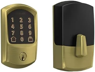 The Schlage Encode deadbolt installed on a front door in satin brass finish