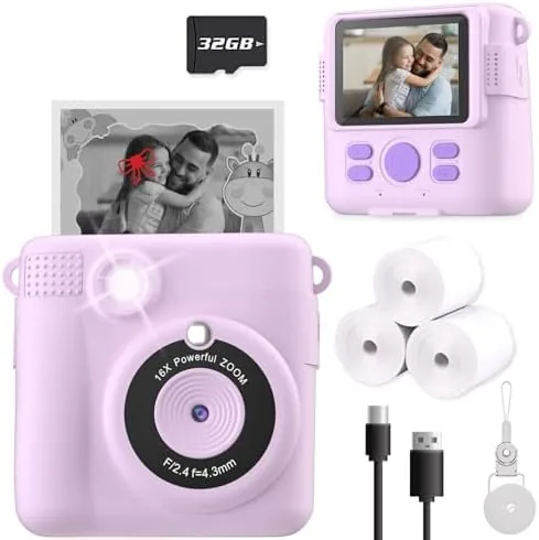 The purple ESOXOFFORE kids camera held in a child hand showing the screen
