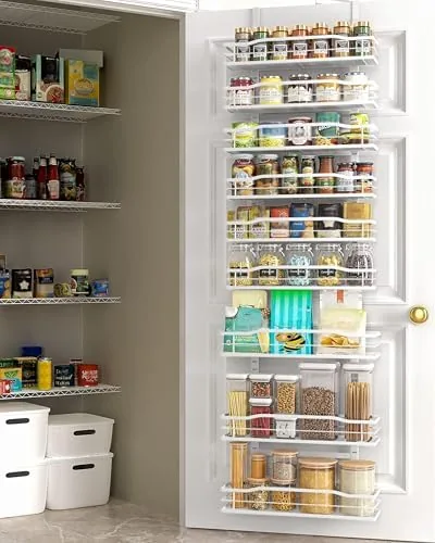 The Moforoco white nine tier organizer mounted over a pantry door with supplies on each shelf