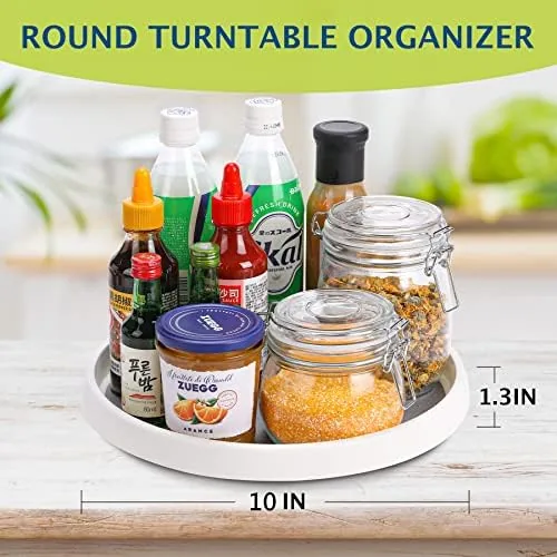 Pantry shelf organized with a 10 inch lazy susan holding canned goods