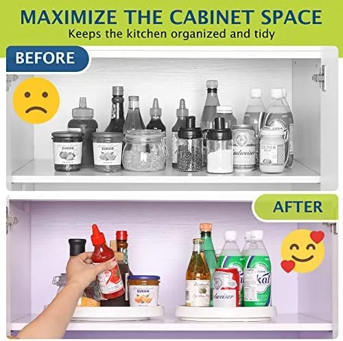 Bathroom cabinet with toiletries organized on a non skid lazy susan