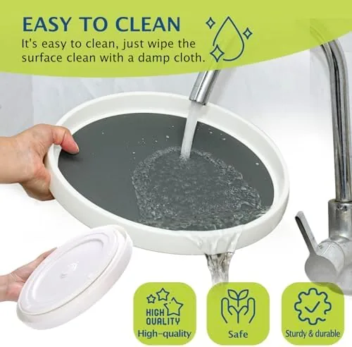 Four lazy susans distributed across kitchen, pantry, bathroom, and refrigerator