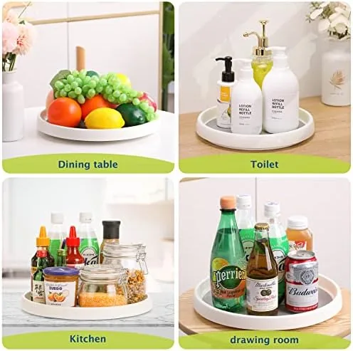Kitchen countertop organized with a lazy susan holding oils and spices
