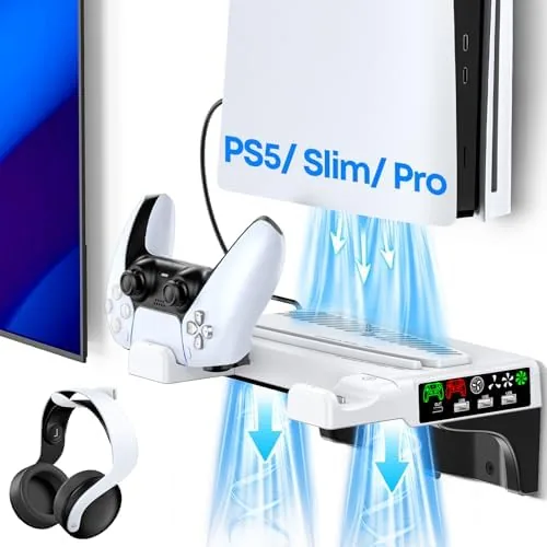 PlayStation 5 mounted on a floating wall bracket behind a wall mounted TV