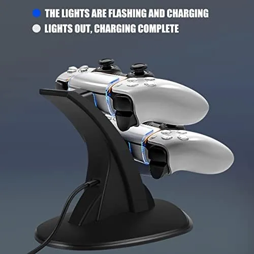 Two controllers charging in the dock beside a PlayStation 5 console