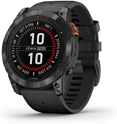 The Garmin fēnix 7X Pro Solar on a wrist in outdoor daylight showing the solar lens