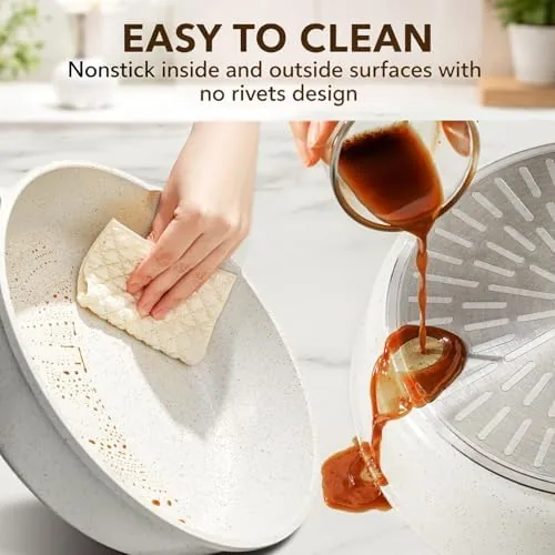 The SENSARTE set next to a traditional nonstick pan and a stainless steel pan