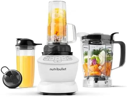 The nutribullet Full-Size Blender Combo on a kitchen counter with the 64oz pitcher attached
