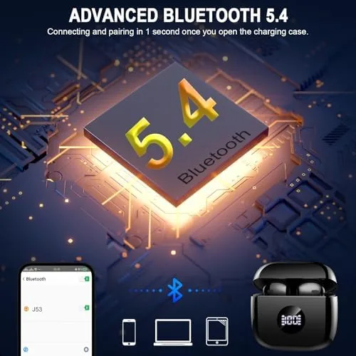 Detail shot of the Wireless Earbuds, Bluetooth 5.4 Ear Buds LED Power Display Headphones features