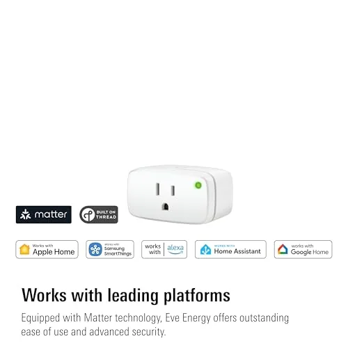 Close up of the Eve Energy plug showing the finish and the status LED in an outlet