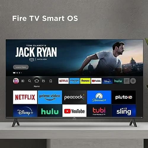 The Fire TV home screen with app rows displayed on the TCL 32 inch panel