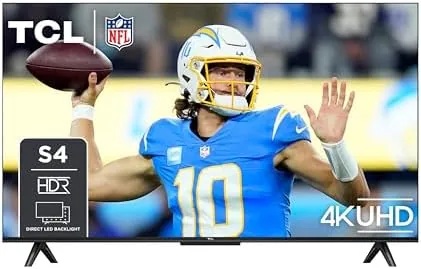 The TCL 43 Inch Class S4 4K TV set up in a living room with a streaming movie on screen