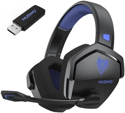 NUBWO wireless gaming headset in blue resting on a desk next to a controller