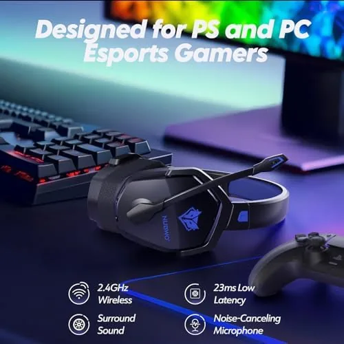 Close view of the NUBWO headset controls and microphone on the left earcup