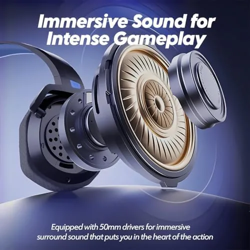 NUBWO headset hanging from a headphone stand beside a gaming PC setup
