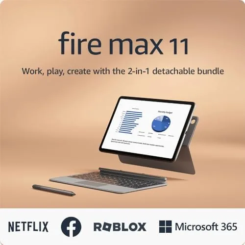 Front view of the Amazon Fire Max 11 tablet in gray with its keyboard case