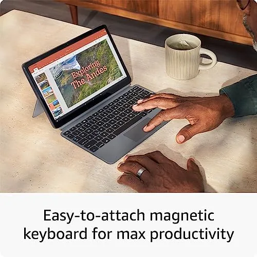 Amazon Fire Max 11 open on a desk with the keyboard and stylus set