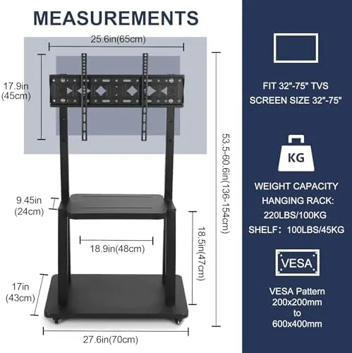 Another view of the Maiproo Rolling TV Stand with Wheels for 32-75 Inch Heavy-Duty