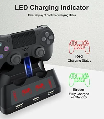 Charging dock on a TV stand with a PS4 console