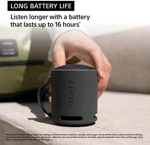Sony SRS-XB100 speaker hanging from a backpack strap