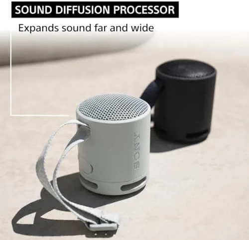Sony SRS-XB100 speaker beside a shower and towel rack