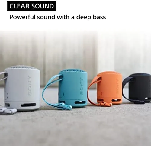 Blue Sony speaker hanging from a backpack handle during a walk