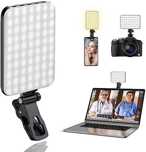 The 60 LED portable selfie light clipped to a laptop screen during a video call