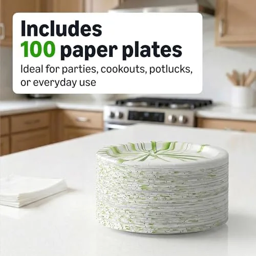 A family cookout table set with the Amazon Basics paper plates ready for serving