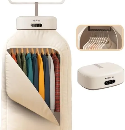 The MOJOCO portable clothes dryer sitting on a kitchen counter with a load of laundry visible