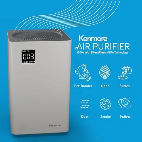 Close up of the control panel on top of the Kenmore air purifier showing the five speeds