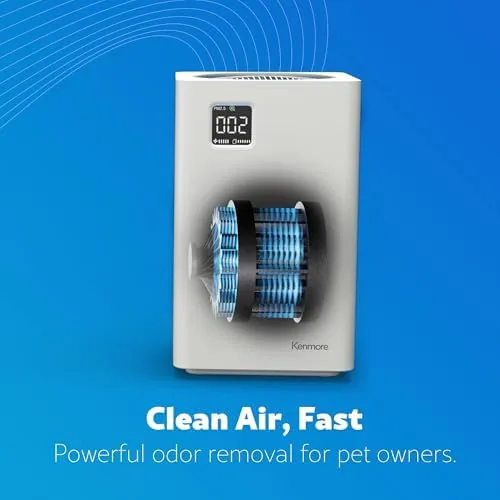 The Kenmore air purifier running on low in a bedroom at night with soft lighting