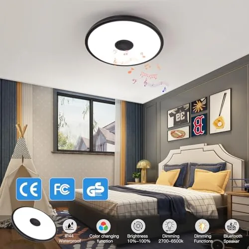 Detail shot of the Black Waterproof LED Flush Mount Ceiling Light Fixture,with Bluetooth Speaker,11 features