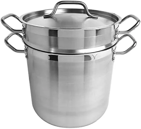 The TrueCraftware 12 quart double boiler set assembled on a stovetop