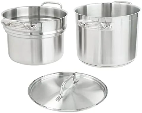 The 12 quart double boiler next to a small 1.1 quart boiler and a microwave bowl