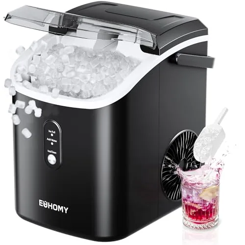 The EUHOMY nugget ice maker on a kitchen counter with a basket of nugget ice